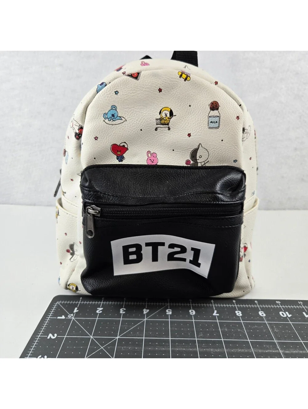BT21 Mini Backpack White with Character Print and Black Front Pocket